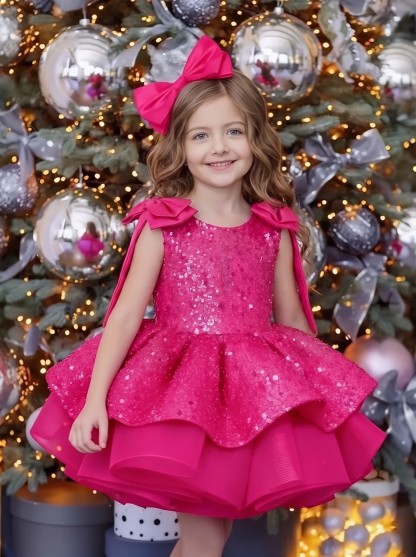 Glitter Bow Sleeveless Midi Dresses - Rose - 12-13Y - image 7