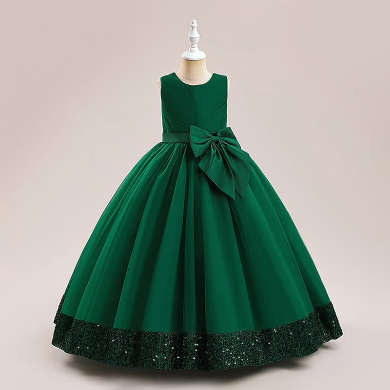Mesh Bow Sequins Sleeveless Maxi Dresses - Dark Green - 12Y - image 8