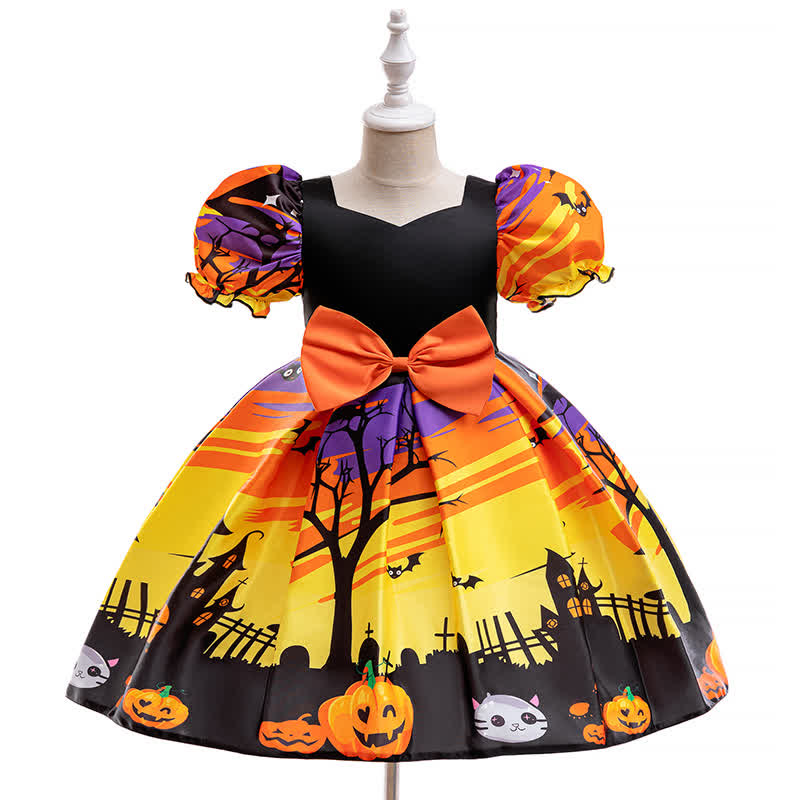 Satin Bow Short Sleeve Mid-long Dresses - Black & Yellow - 8Y - image 1