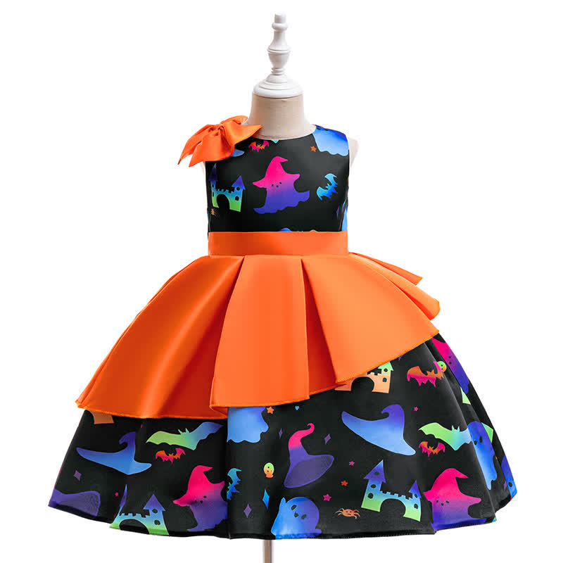 Satin Bow Pleated Sleeveless Mid-long Dresses - Black&Orange - 8Y - image 1