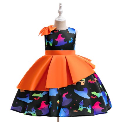 Satin Bow Pleated Sleeveless Mid-long Dresses - Black&Orange - 8Y - image 1