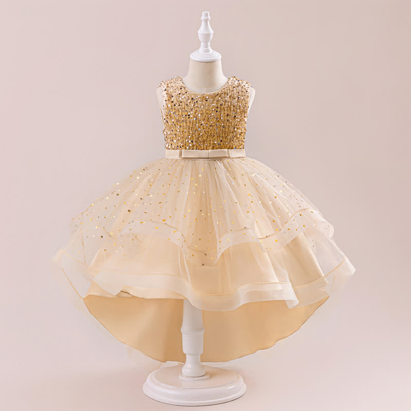 Sequins & Mesh Bow Sequins Sleeveless Maxi Dresses - Golden - 9Y - image 1