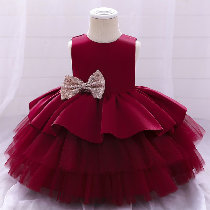 Satin & Mesh Bow Sleeveless Maxi Dresses - Red - 5Y - image 1
