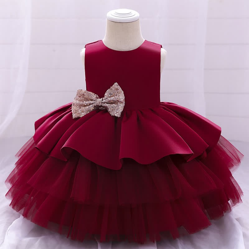 Satin & Mesh Bow Sleeveless Maxi Dresses - Red - 5Y - image 1
