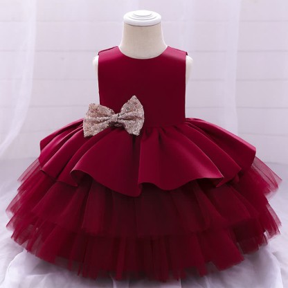 Satin & Mesh Bow Sleeveless Maxi Dresses - Red - 5Y - image 1