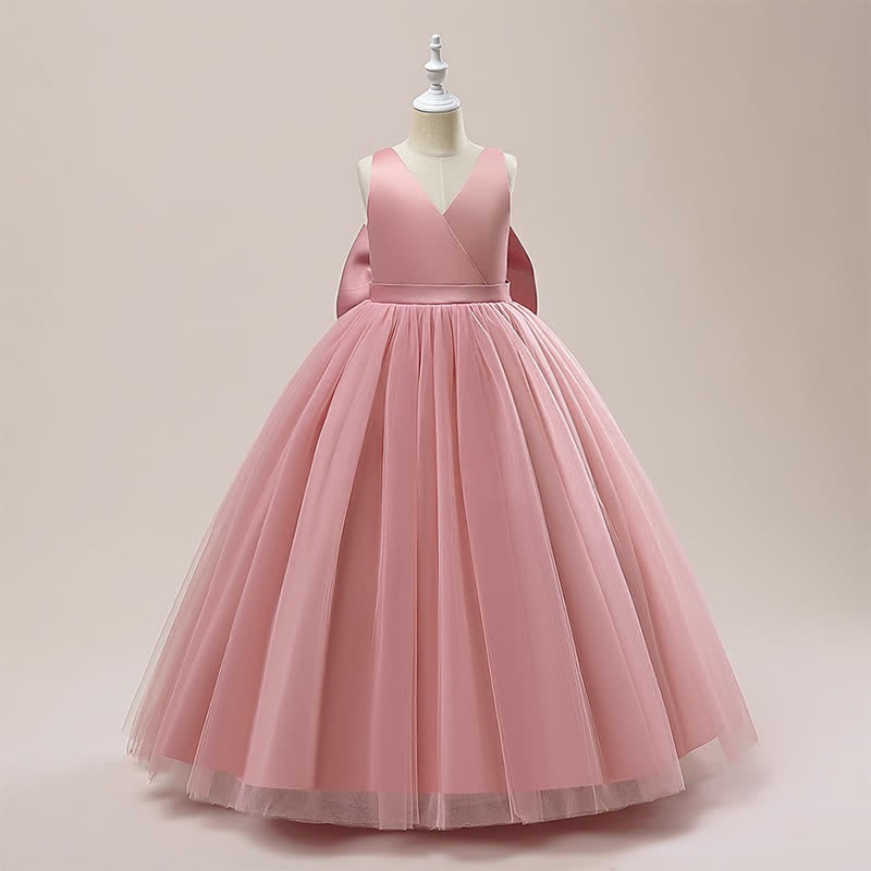Satin & Mesh Bow Sleeveless Maxi Dresses - Pink - 7-8Y - image 9