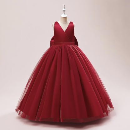 Satin & Mesh Bow Sleeveless Maxi Dresses - Red - 7-8Y - image 28