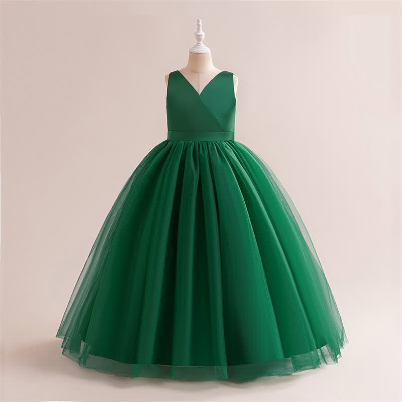 Satin & Mesh Bow Sleeveless Maxi Dresses - Green - 7-8Y - image 19