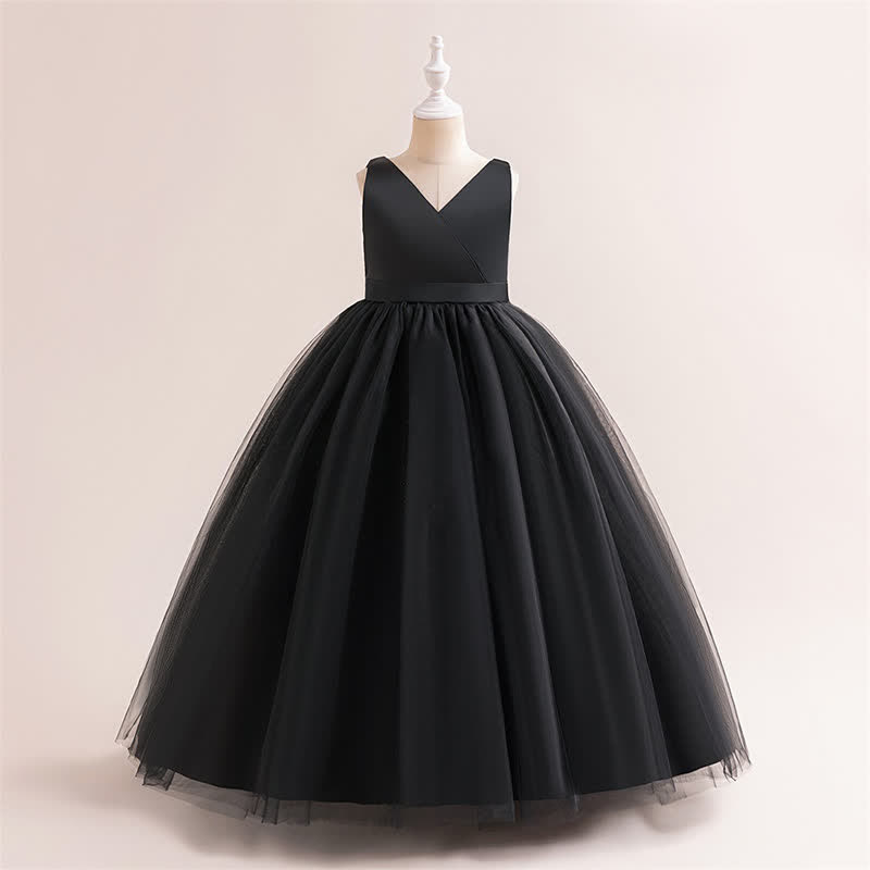Satin & Mesh Bow Sleeveless Maxi Dresses - Black - 7-8Y - image 37