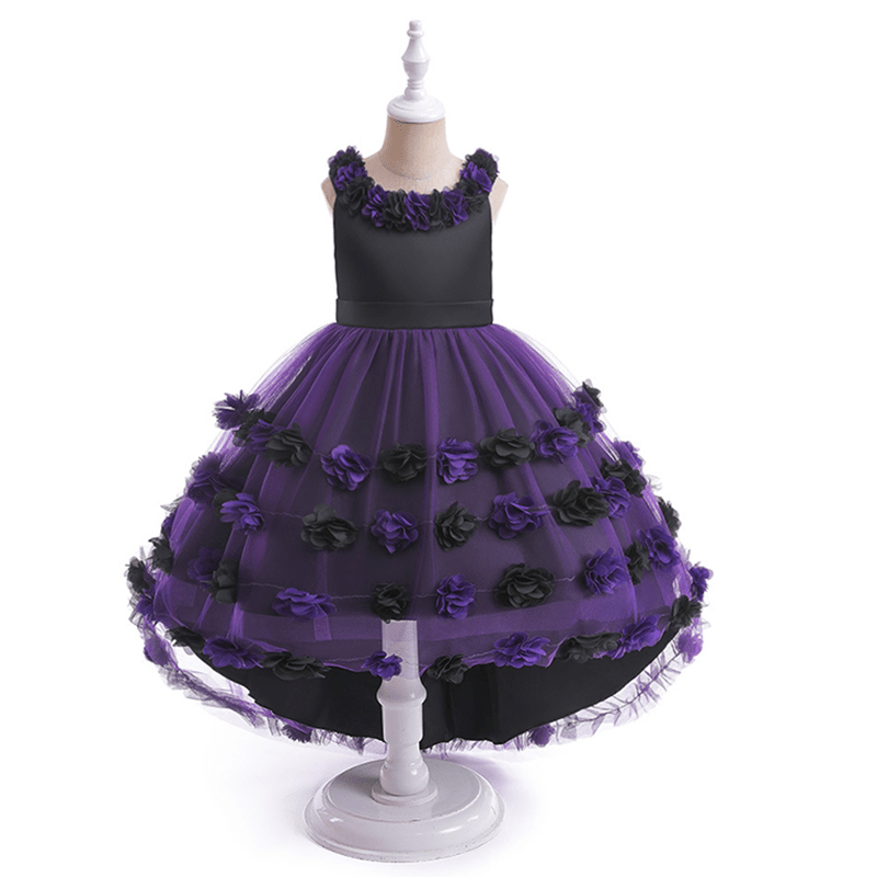 Satin & Mesh Rosette Sleeveless Mid-long Dresses - Black&Purple - 8Y - image 29