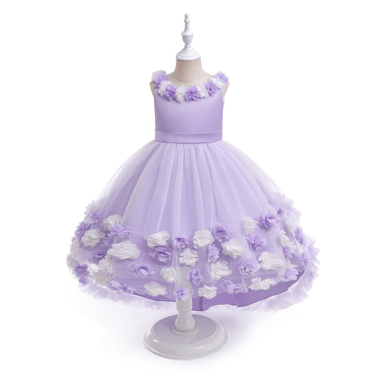 Satin & Mesh Rosette Sleeveless Mid-long Dresses - Purple - 8Y - image 52