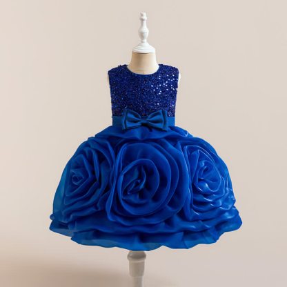 Sequins & Organza Bow Rosette Sleeveless Mid-long Dresses - Blue - 7Y - image 9