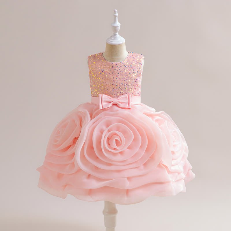Sequins & Organza Bow Rosette Sleeveless Mid-long Dresses - Pink - 7Y - image 17