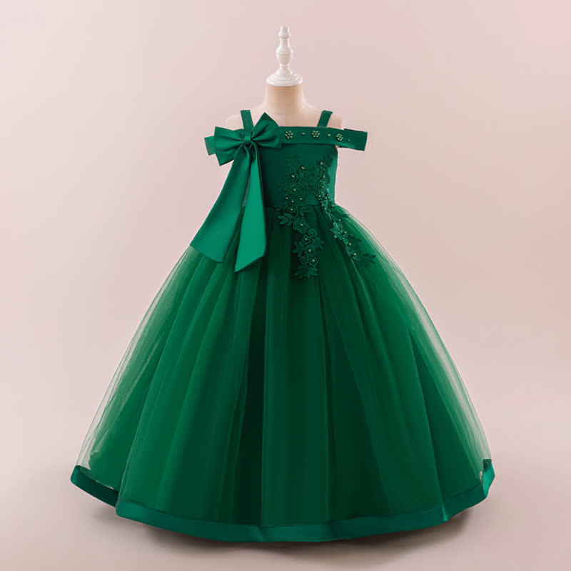 Satin & Mesh Bow Pearl Floral-embroidered Sleeveless Maxi Dresses - Green - 12Y - image 1