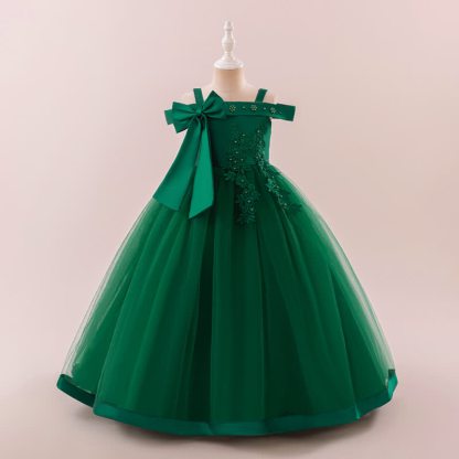 Satin & Mesh Bow Pearl Floral-embroidered Sleeveless Maxi Dresses - Green - 12Y - image 1