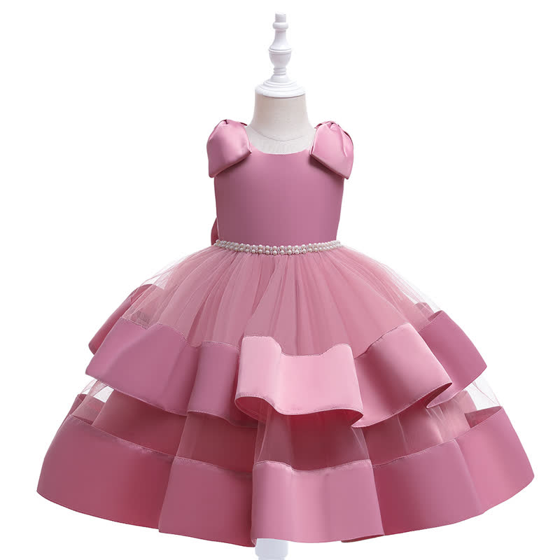 Satin & Mesh Bow Sleeveless Maxi Dresses  - Dark Pink - 8Y - image 1