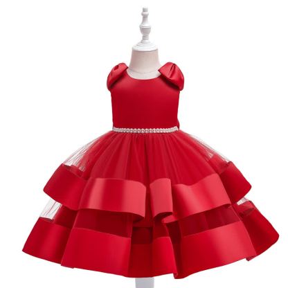 Satin & Mesh Bow Sleeveless Maxi Dresses  - Red - 8Y - image 10