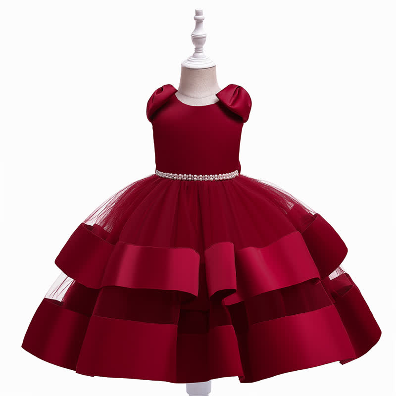 Satin & Mesh Bow Sleeveless Maxi Dresses  - Dark Red - 8Y - image 22