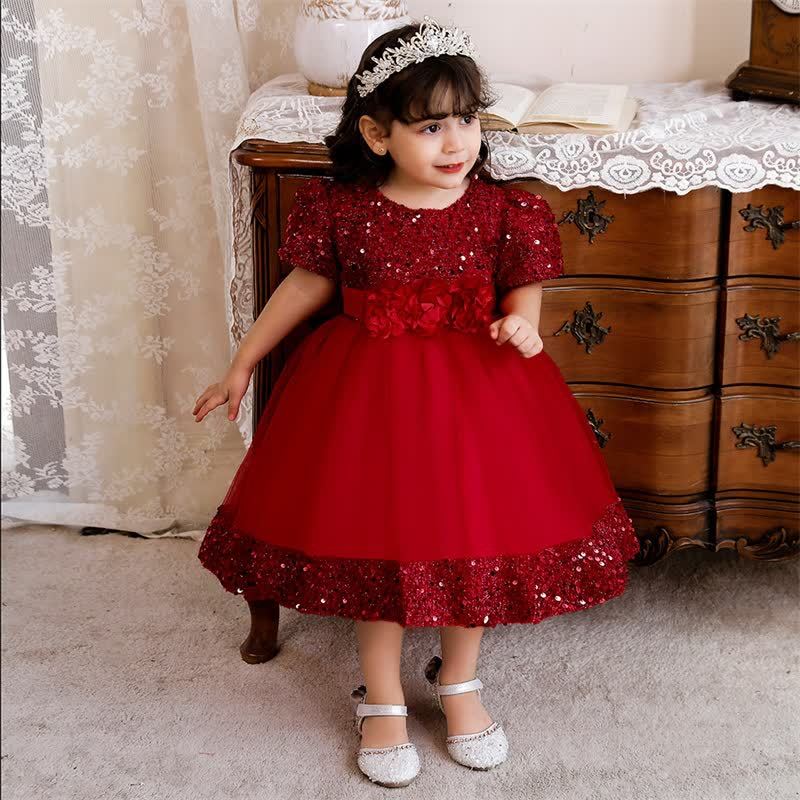 Sequins & Mesh Bow Sequins Short Sleeve Mid-long Dresses - Red - 3-4Y - image 1