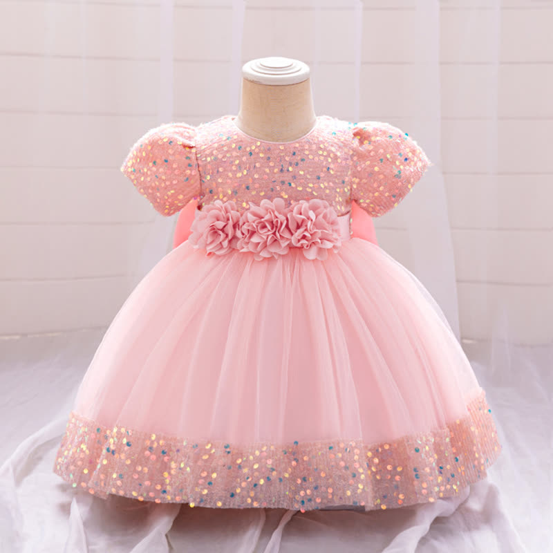 Sequins & Mesh Bow Sequins Short Sleeve Mid-long Dresses - Pink - 3-4Y - image 8