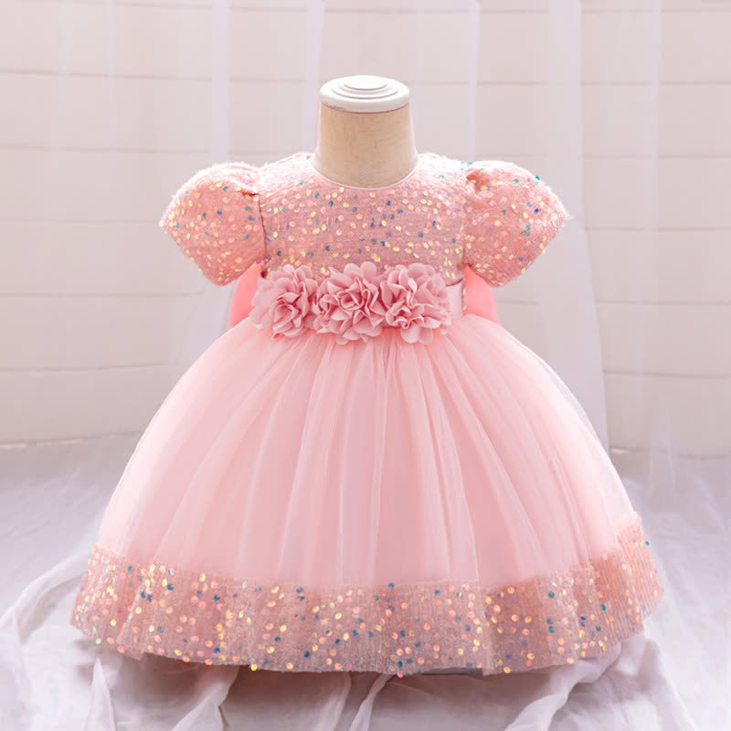 Sequins & Mesh Bow Sequins Short Sleeve Mid-long Dresses - Pink - 3-4Y - image 1