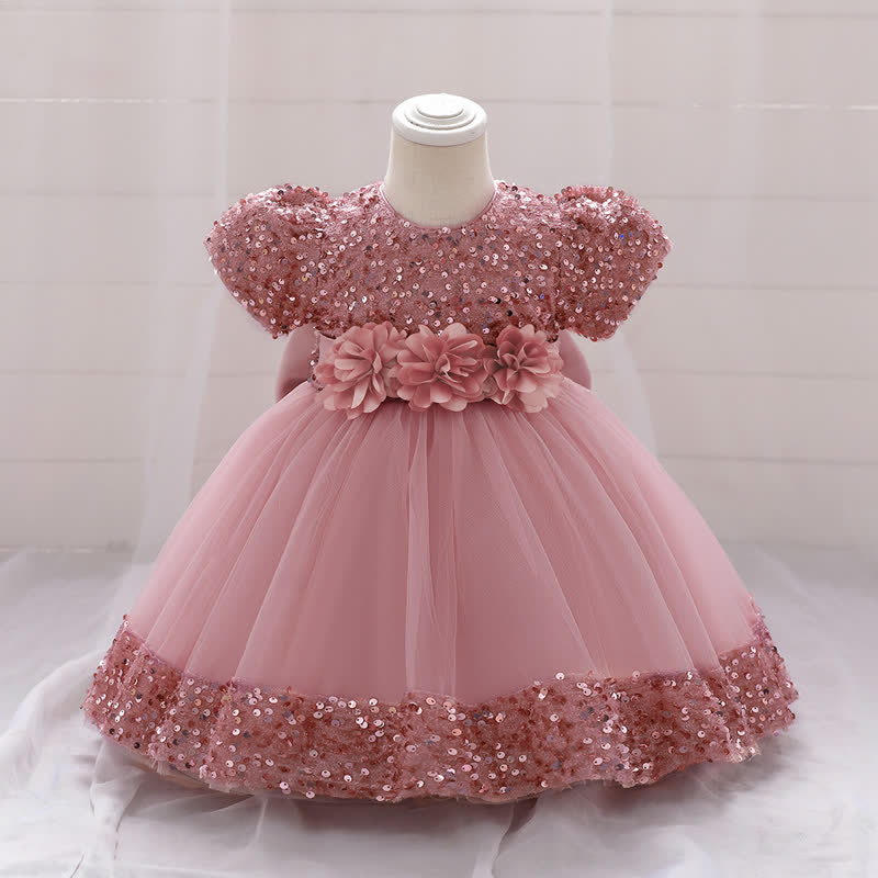 Sequins & Mesh Bow Sequins Short Sleeve Mid-long Dresses - Dark Pink - 3-4Y - image 16