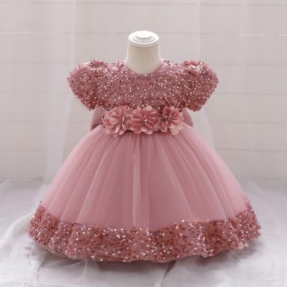 Sequins & Mesh Bow Sequins Short Sleeve Mid-long Dresses - Dark Pink - 3-4Y - image 16