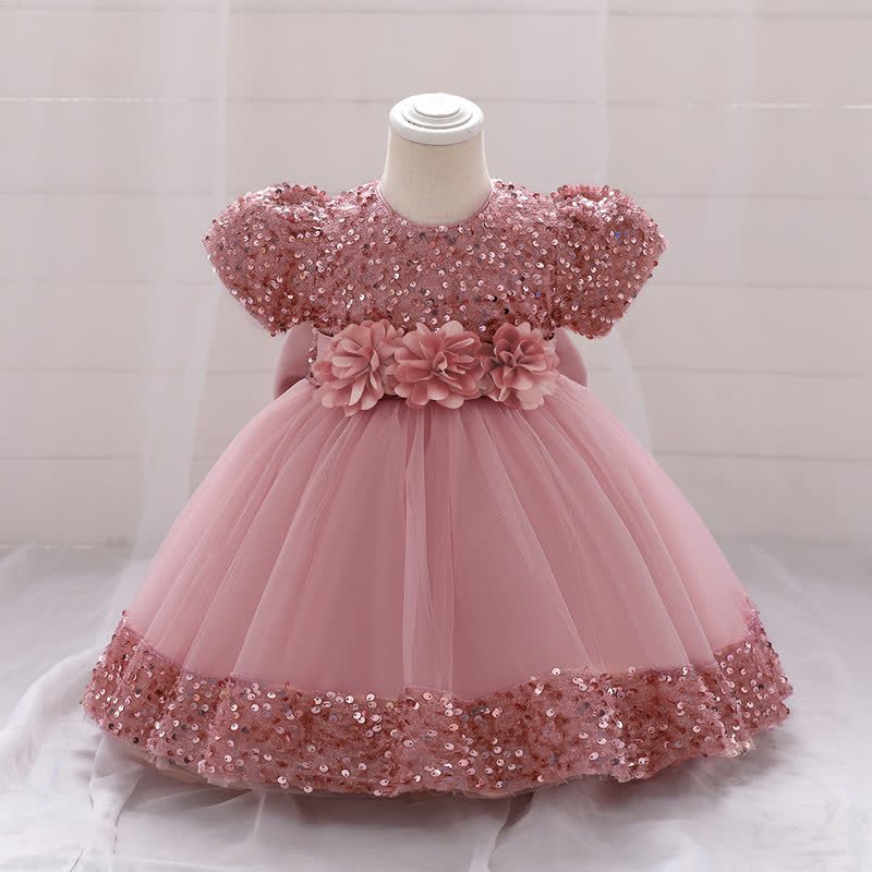 Sequins & Mesh Bow Sequins Short Sleeve Mid-long Dresses - Dark Pink - 3-4Y - image 16