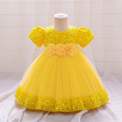 Sequins & Mesh Bow Sequins Short Sleeve Mid-long Dresses - Yellow - 3-4Y - image 24