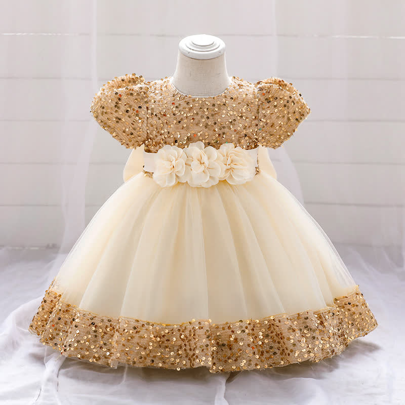 Sequins & Mesh Bow Sequins Short Sleeve Mid-long Dresses - Golden - 3-4Y - image 33