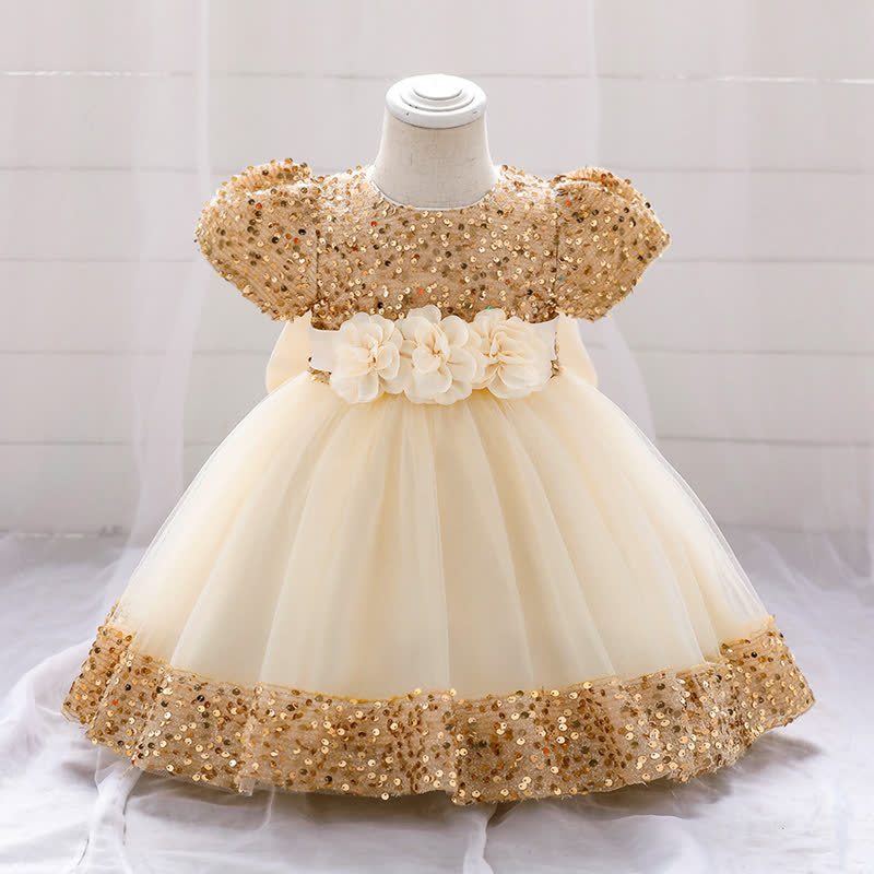 Sequins & Mesh Bow Sequins Short Sleeve Mid-long Dresses - Golden - 3-4Y - image 33