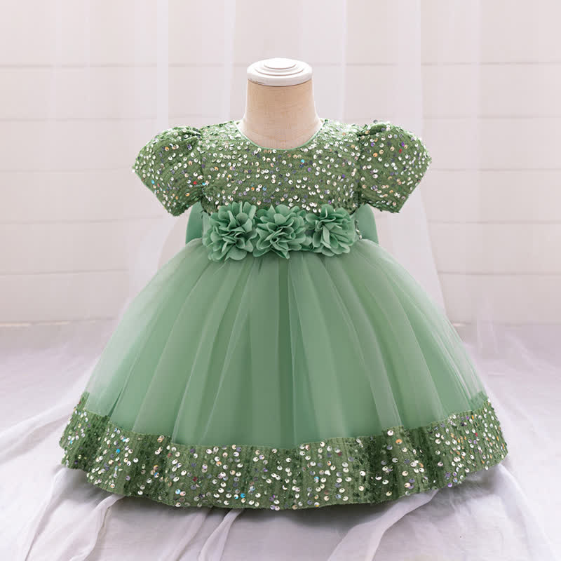 Sequins & Mesh Bow Sequins Short Sleeve Mid-long Dresses - Green - 3-4Y - image 41