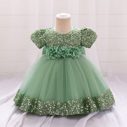 Sequins & Mesh Bow Sequins Short Sleeve Mid-long Dresses - Green - 3-4Y - image 41