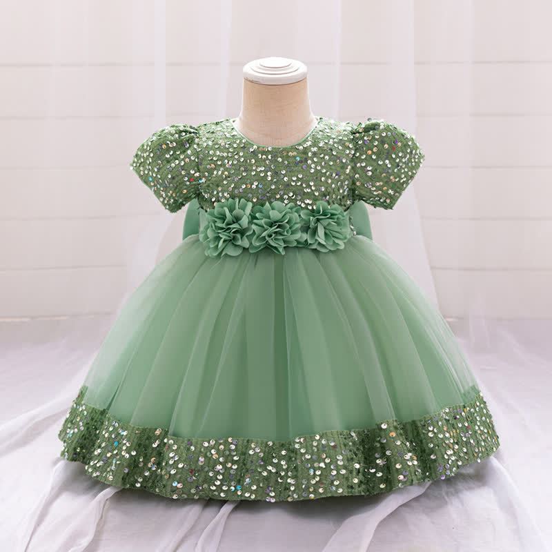 Sequins & Mesh Bow Sequins Short Sleeve Mid-long Dresses - Green - 3-4Y - image 41