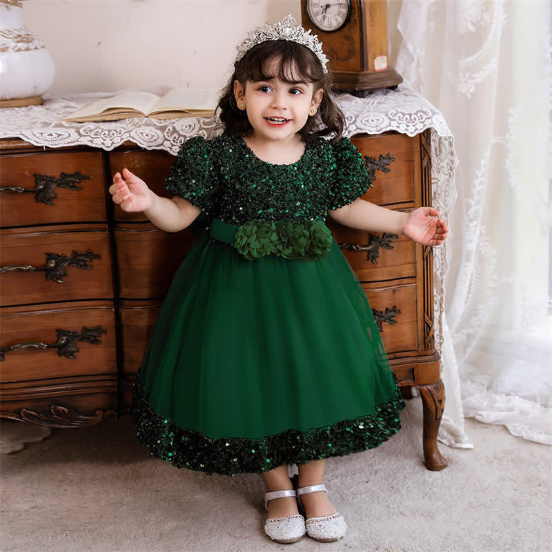 Sequins & Mesh Bow Sequins Short Sleeve Mid-long Dresses - Dark Green - 3-4Y - image 50