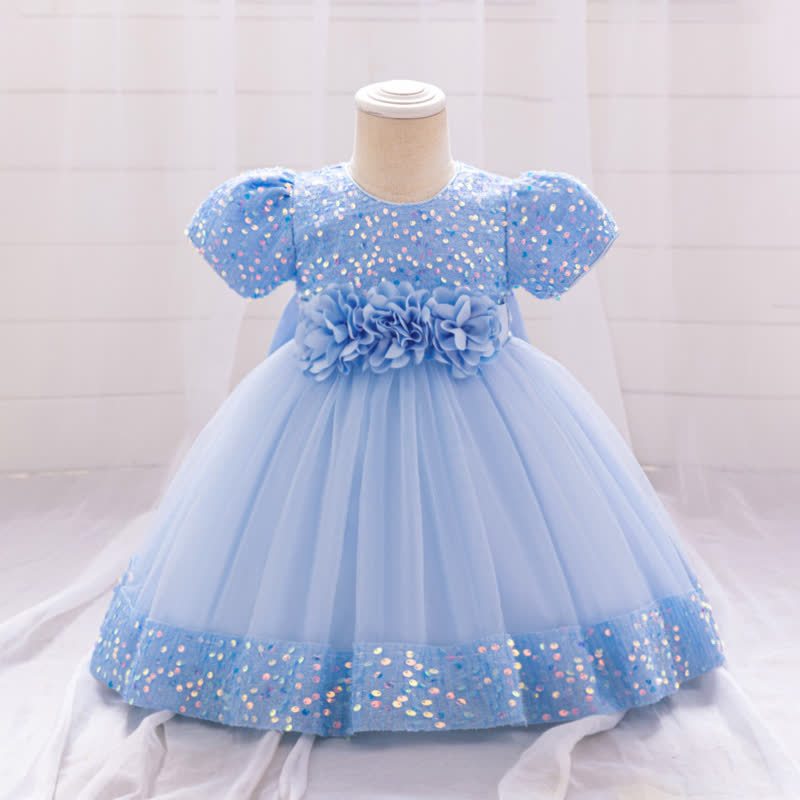 Sequins & Mesh Bow Sequins Short Sleeve Mid-long Dresses - Sky Blue - 3-4Y - image 57