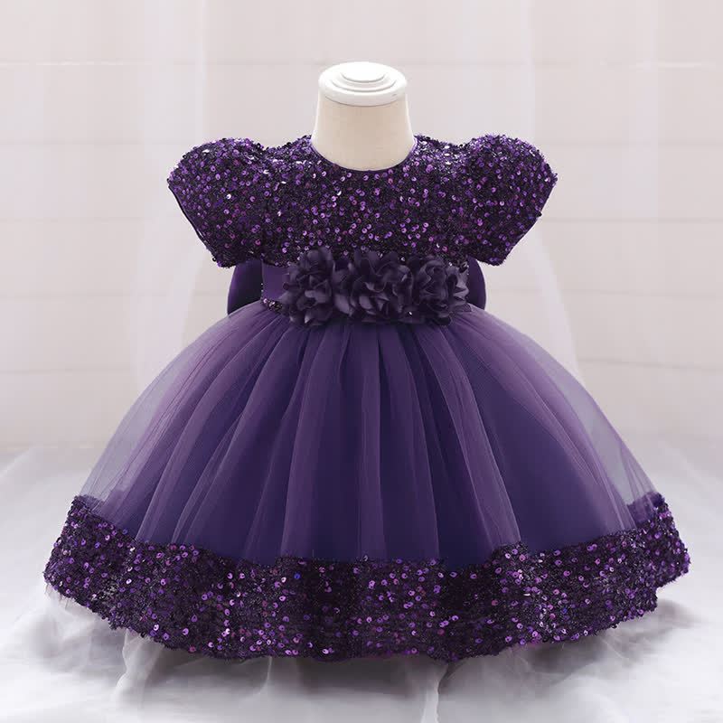 Sequins & Mesh Bow Sequins Short Sleeve Mid-long Dresses - Purple - 3-4Y - image 66