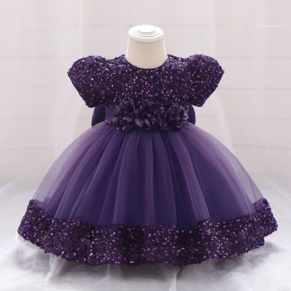Sequins & Mesh Bow Sequins Short Sleeve Mid-long Dresses - Purple - 3-4Y - image 66