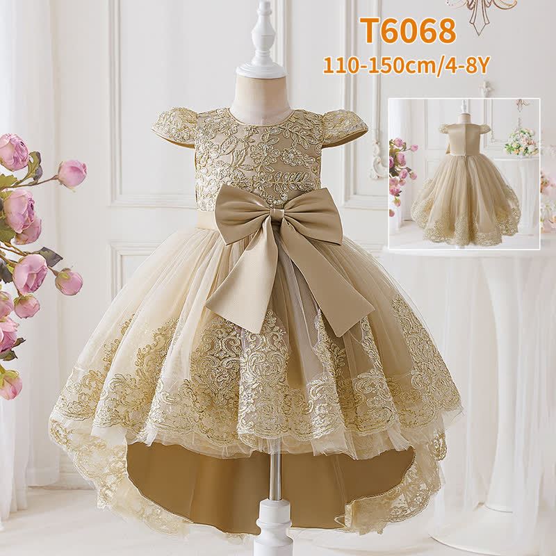 Embroidery Mesh Bow Floral-embroidered Short Sleeve Maxi Dresses - image 4