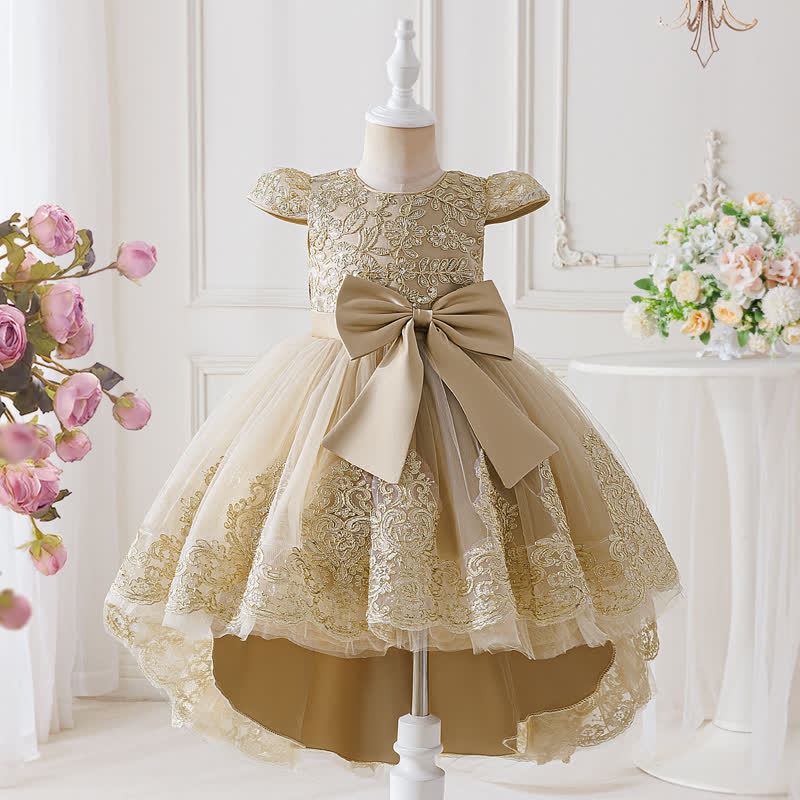 Embroidery Mesh Bow Floral-embroidered Short Sleeve Maxi Dresses - Champagne - 8Y - image 1