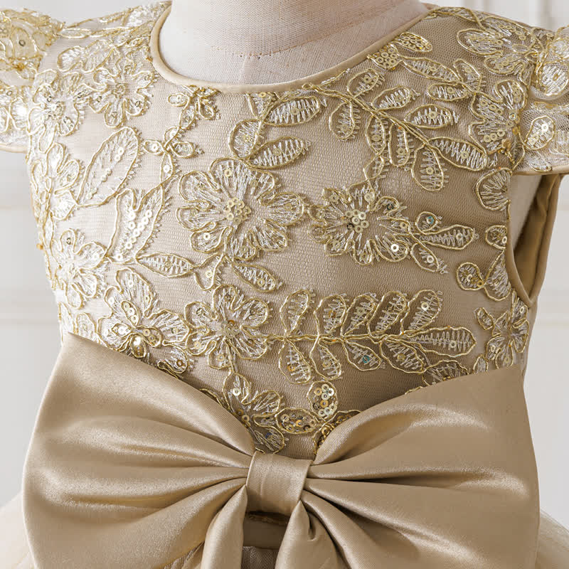 Embroidery Mesh Bow Floral-embroidered Short Sleeve Maxi Dresses - image 6