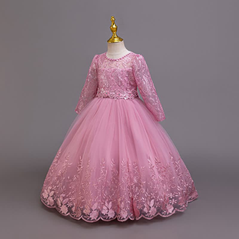 Embroidery Mesh Rosette Crystal Long Sleeve Maxi Dresses - image 2