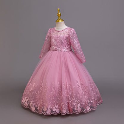 Embroidery Mesh Rosette Crystal Long Sleeve Maxi Dresses - image 2