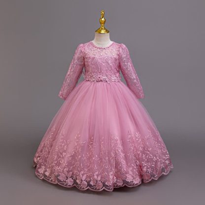 Embroidery Mesh Rosette Crystal Long Sleeve Maxi Dresses - Dark Pink - 12-13Y - image 1