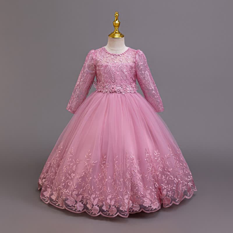 Embroidery Mesh Rosette Crystal Long Sleeve Maxi Dresses - Dark Pink - 12-13Y - image 1