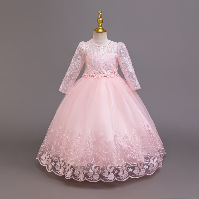 Embroidery Mesh Rosette Crystal Long Sleeve Maxi Dresses - Pink - 12-13Y - image 9