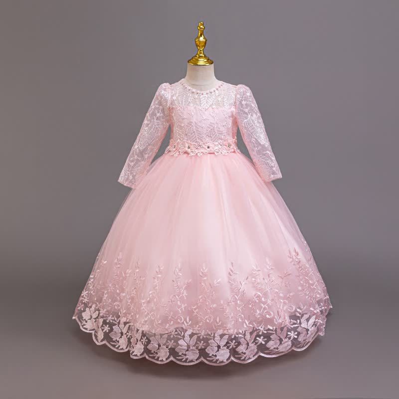 Embroidery Mesh Rosette Crystal Long Sleeve Maxi Dresses - Pink - 12-13Y - image 9