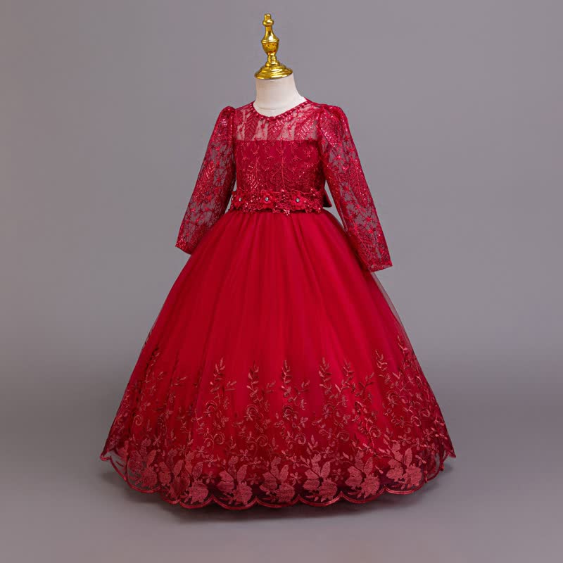 Embroidery Mesh Rosette Crystal Long Sleeve Maxi Dresses - image 18