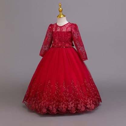 Embroidery Mesh Rosette Crystal Long Sleeve Maxi Dresses - image 18