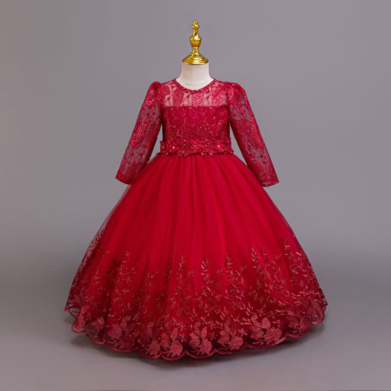 Embroidery Mesh Rosette Crystal Long Sleeve Maxi Dresses - Red - 12-13Y - image 17